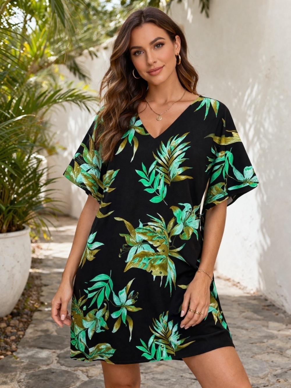 Lauren Ralph Lauren Black Dress with Green and Gold Leaf Print Size Medium